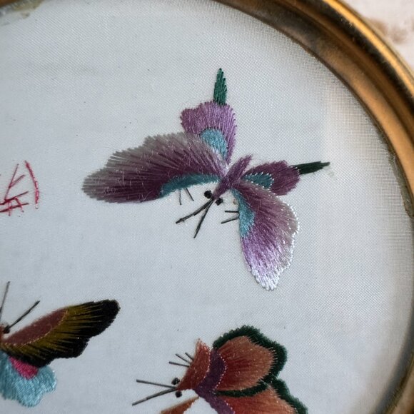 Vintage Chinese Cloisonne Silk Butterfly Embroidery Art - Picture 7 of 13